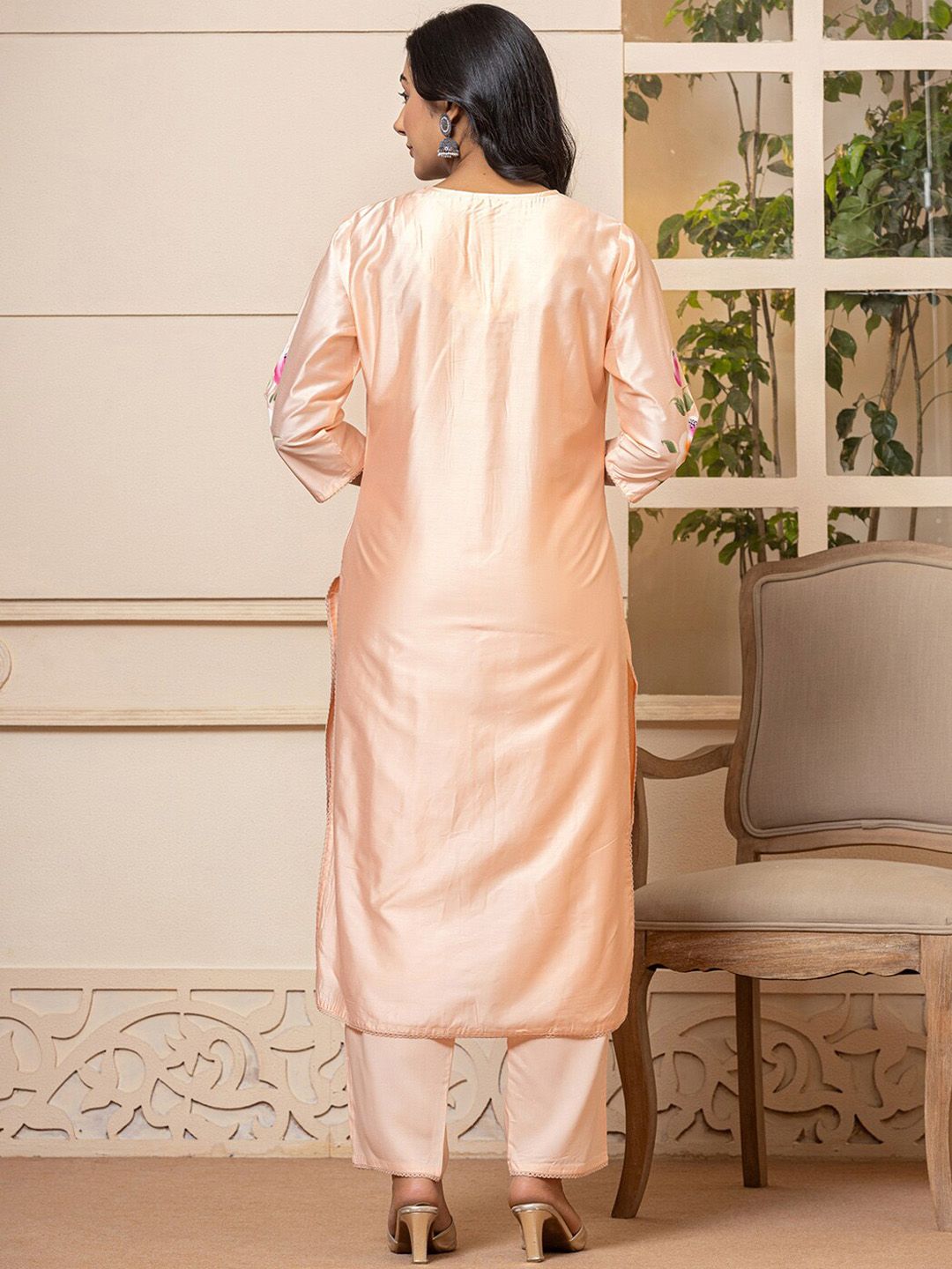 Floral Printed V-Neck Thread Work Straight Kurta with Trousers & Dupatta