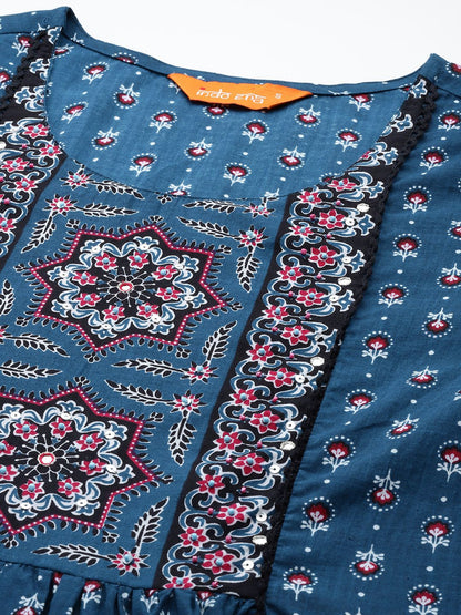 Dhiyona IE Ethnic Motifs Printed Mirror Work Pure Cotton Kurta with Trousers & With Dupatta