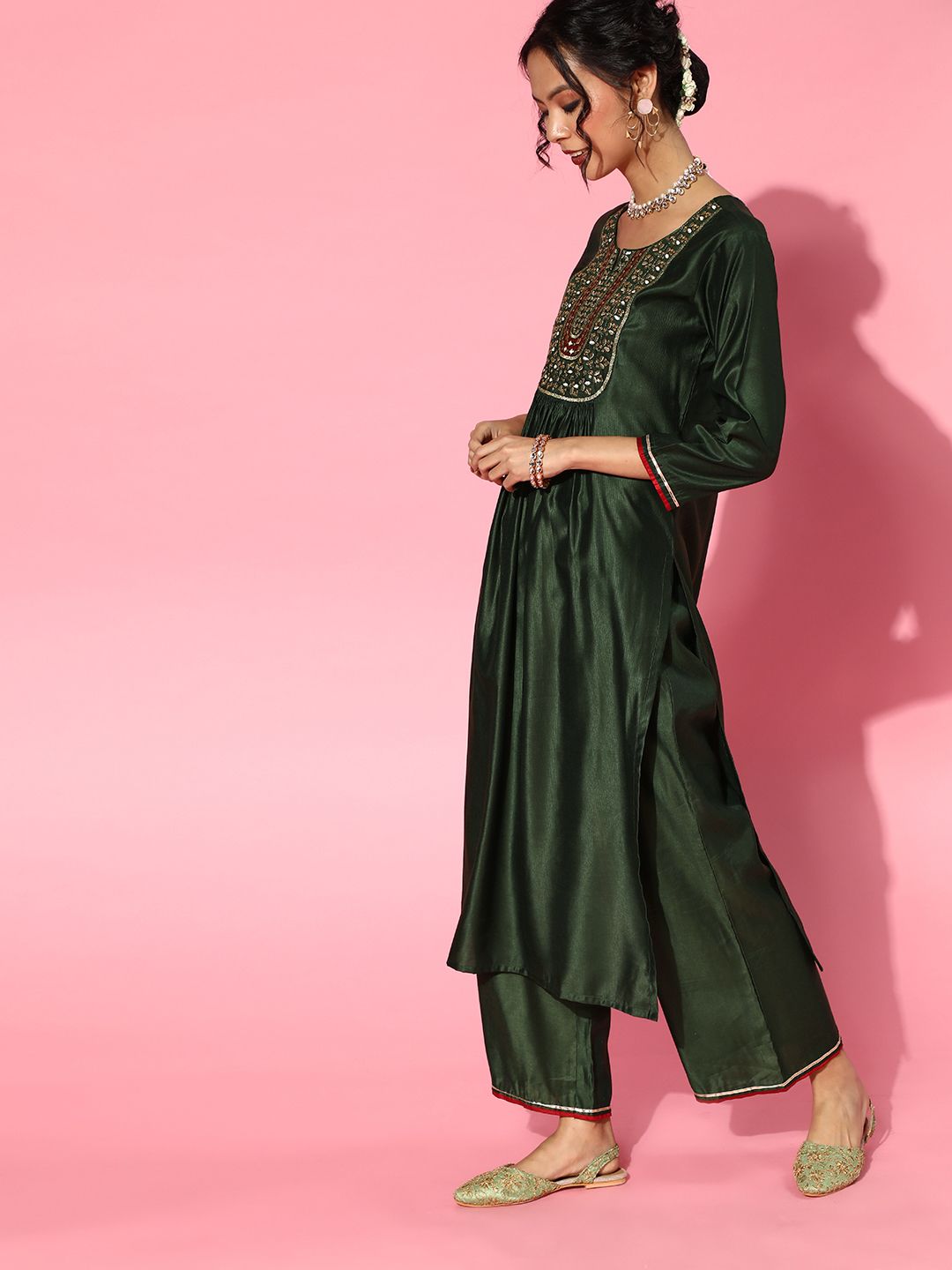 Green Silk Blend Calf Length Kurta Set