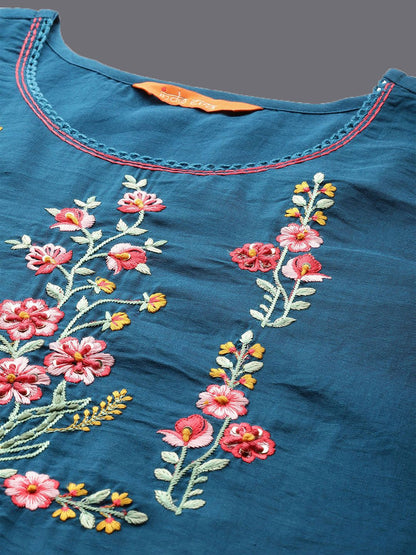 Floral Embroidered Thread Work Straight Kurta With Trousers & Dupatta