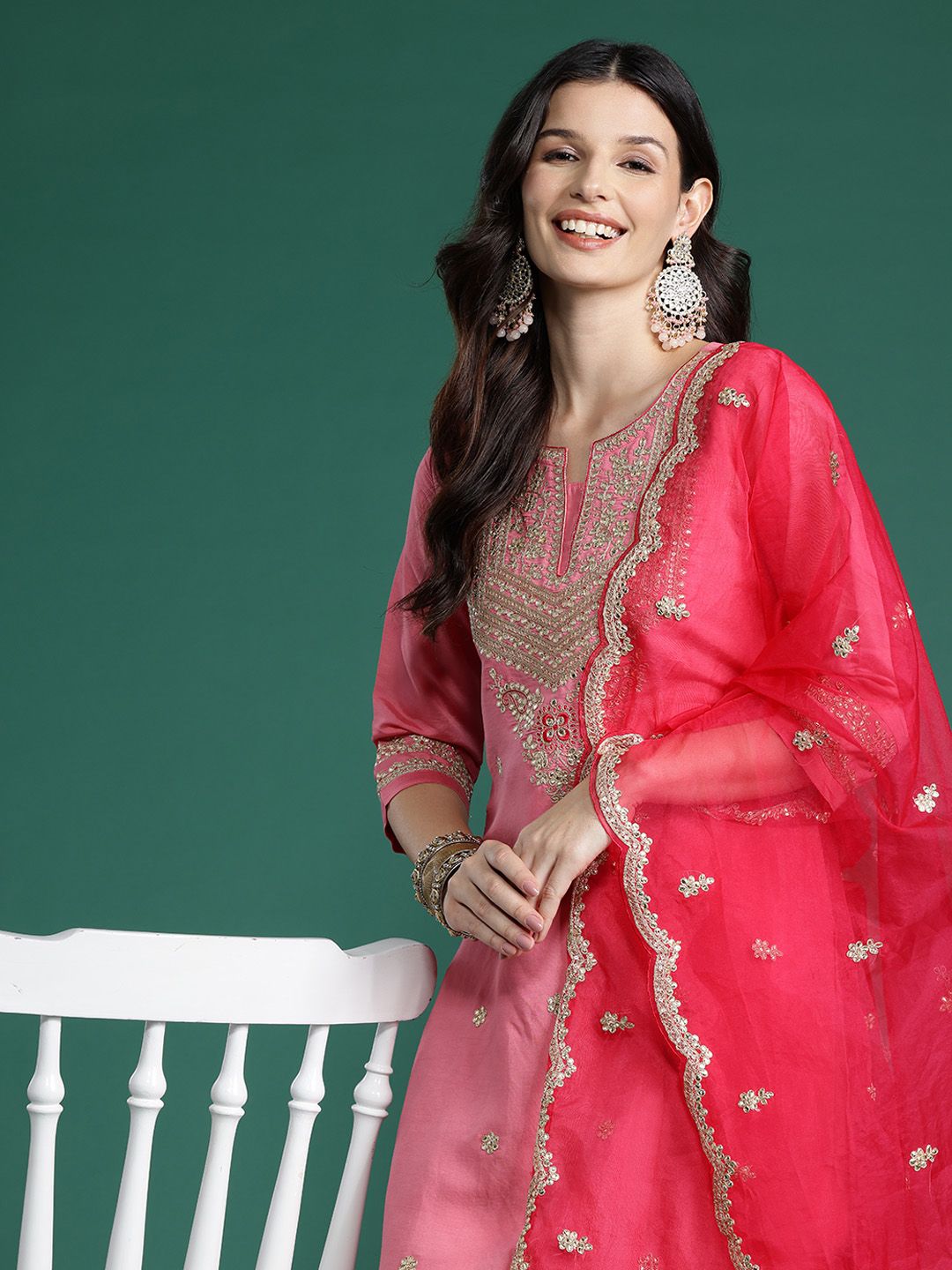 Ethnic Motifs Embroidered Sequinned Kurta With Trousers & Dupatta