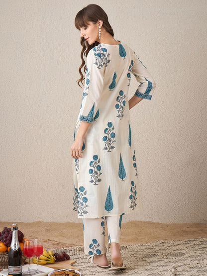 Floral Printed V-Neck Pure Cotton Kurta With Trouser