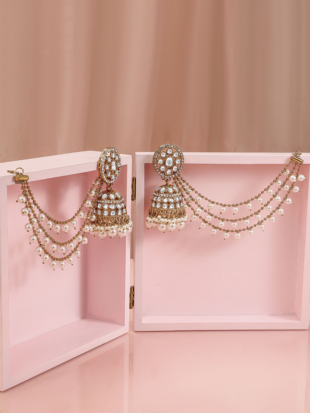 Dhiyona RJ Women's 18K Gold-Plated Kundan & Zirconia Kan Chain Jhumka Earrings with White Pearl Beads