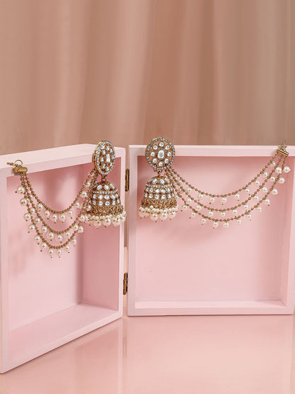 Dhiyona RJ Women's 18K Gold-Plated Kundan & Zirconia Kan Chain Jhumka Earrings with White Pearl Beads