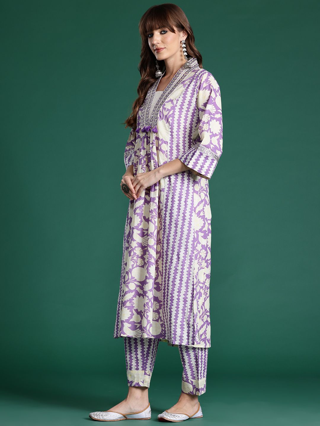 Dhiyona IE Floral Printed Panelled Mirror Work Pure Cotton Kurta With Trousers & Dupatta