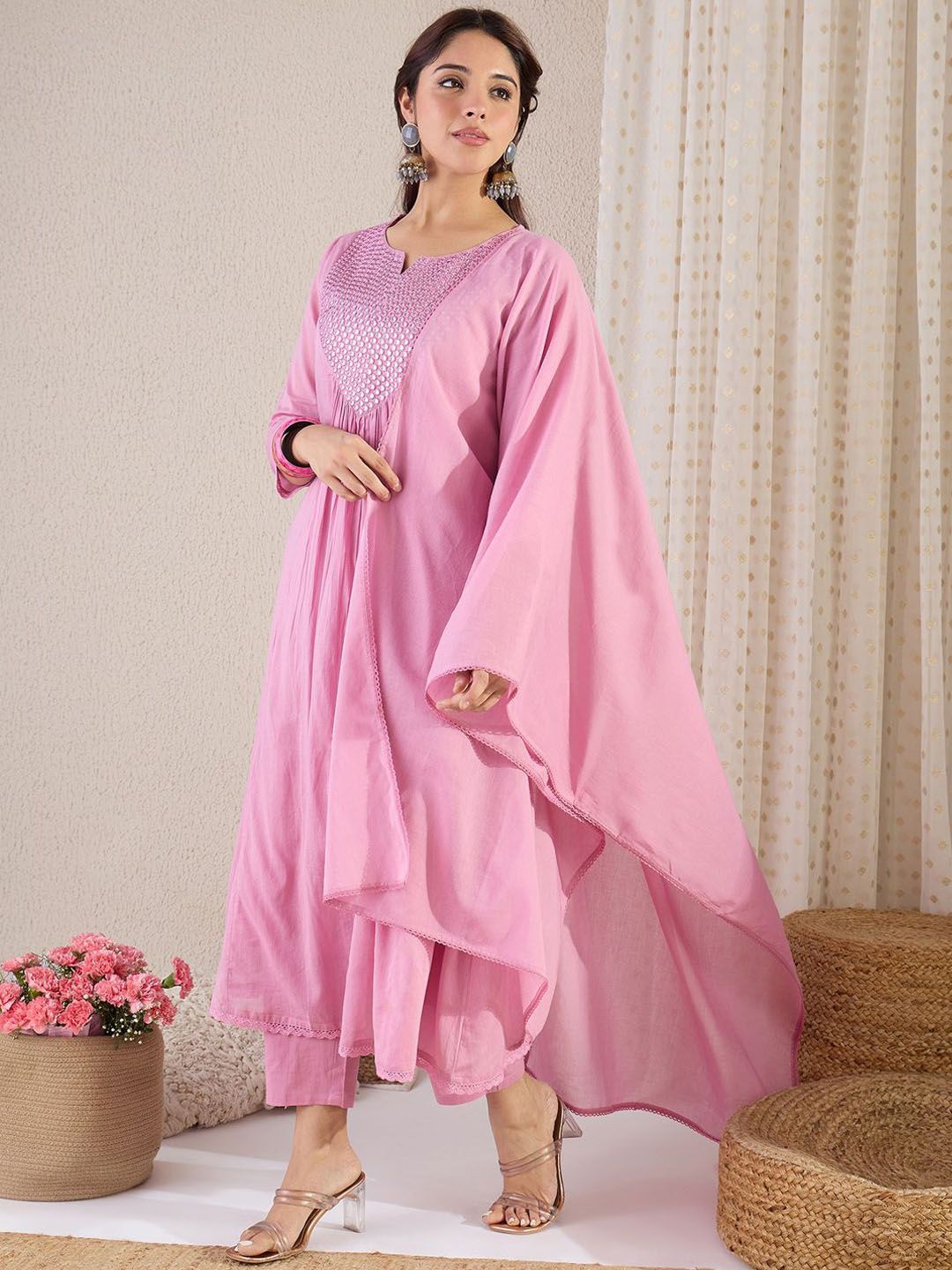 Dhiyona IE Women Yoke Design Embroidered Cotton Kurta with Trousers & Dupatta