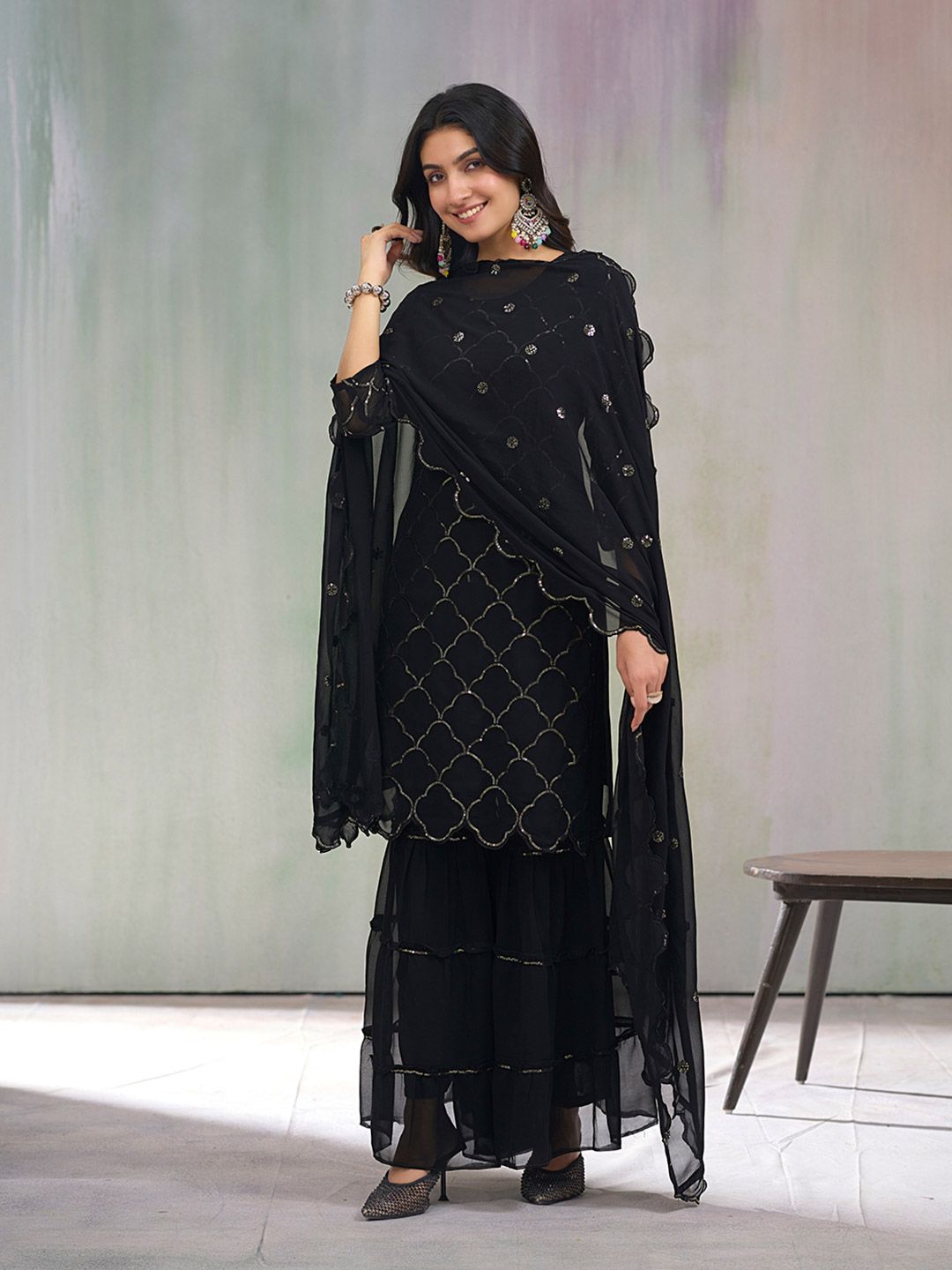Dhiyona CH Floral Embroidered Sequinned Georgette Straight Kurta With Sharara & Dupatta