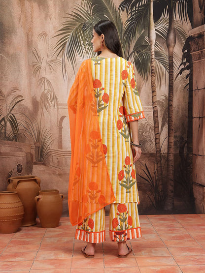 Dhiyona SN Women's Floral Striped Pure Cotton Kurta with Palazzos & Dupatta