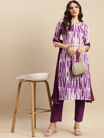 Dhiyona VA Women'sShibori Dyed Regular Sequinned Pure Cotton Kurta With Trousers & Dupatta