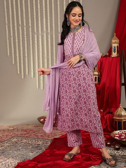 Dhiyona VA Women'sFloral Printed Regular Gotta Patti Pure Cotton Kurta With Trousers & Dupatta
