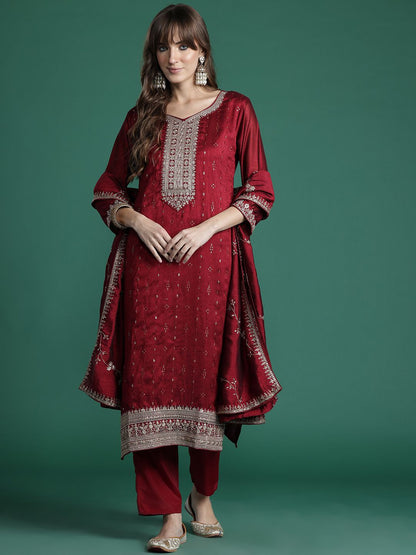 Embroidered Straight Kurta Trousers With Dupatta Set
