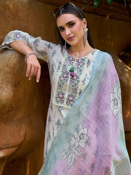 Dhiyona IE Floral Printed Regular Thread Work Pure Cotton Kurta with Trousers & With Dupatta