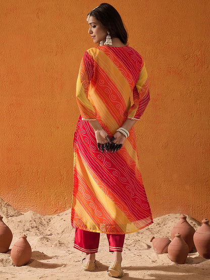 Dhiyona IE Red Bandhani Printed Thread Work Georgette Straight Kurta