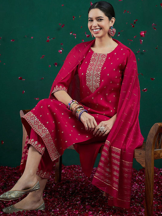 Dhiyona IE Embroidered Sequinned Chanderi Silk Straight Kurta With Trousers & Dupatta