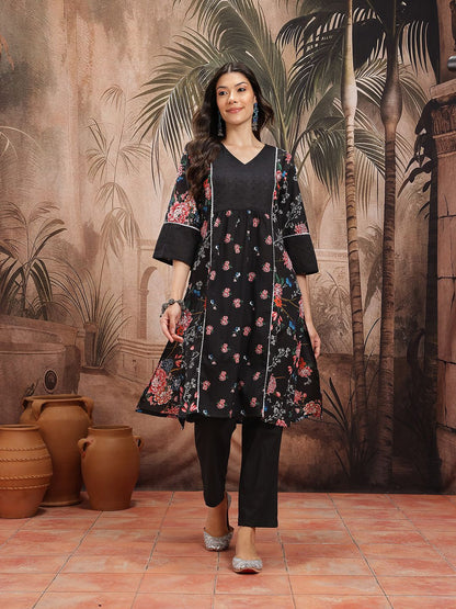 Dhiyona SN Women's Floral Print Pleated Schiffli Detail Cotton Kurta with Trousers