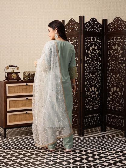 Dhiyona PD Women Floral Yoke Design Sequinned Jashn Kurta with Trousers & With Dupatta