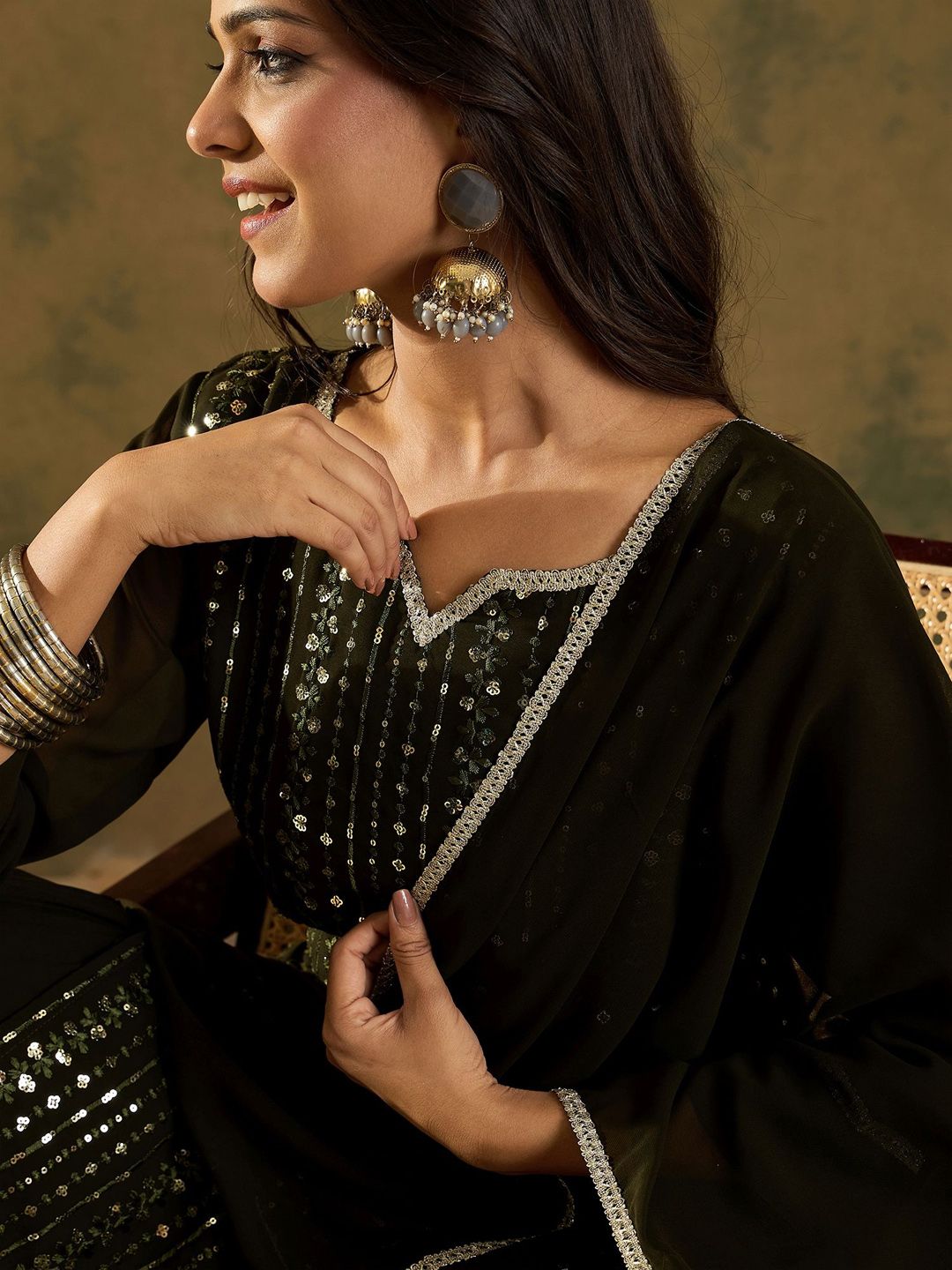 Dhiyona IE Women Ethnic Motifs Embroidered Regular Sequinned Kurta with Sharara & With Dupatta