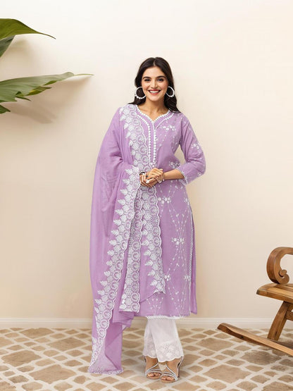Dhiyona IS Women's Floral Embroidered Pure Cotton Straight Kurta With Trousers & Dupatta