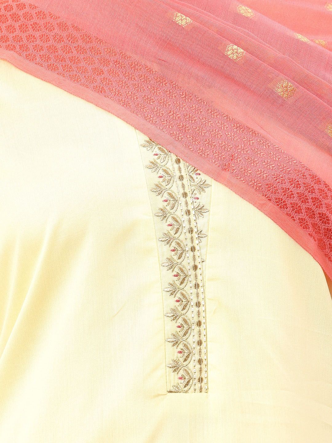 Dhiyona SO Women's Women Yellow Floral Embroidered Thread Work Raw Silk Kurta with Palazzos & With Dupatta