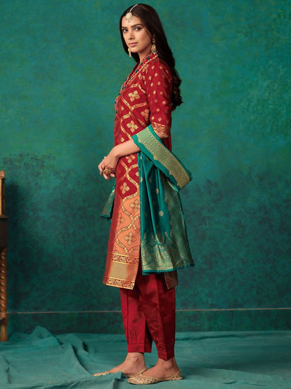 Dhiyona SN Women's Maroon Ethnic Motifs Woven Design Regular Thread Work Kurta & Salwar With Dupatta