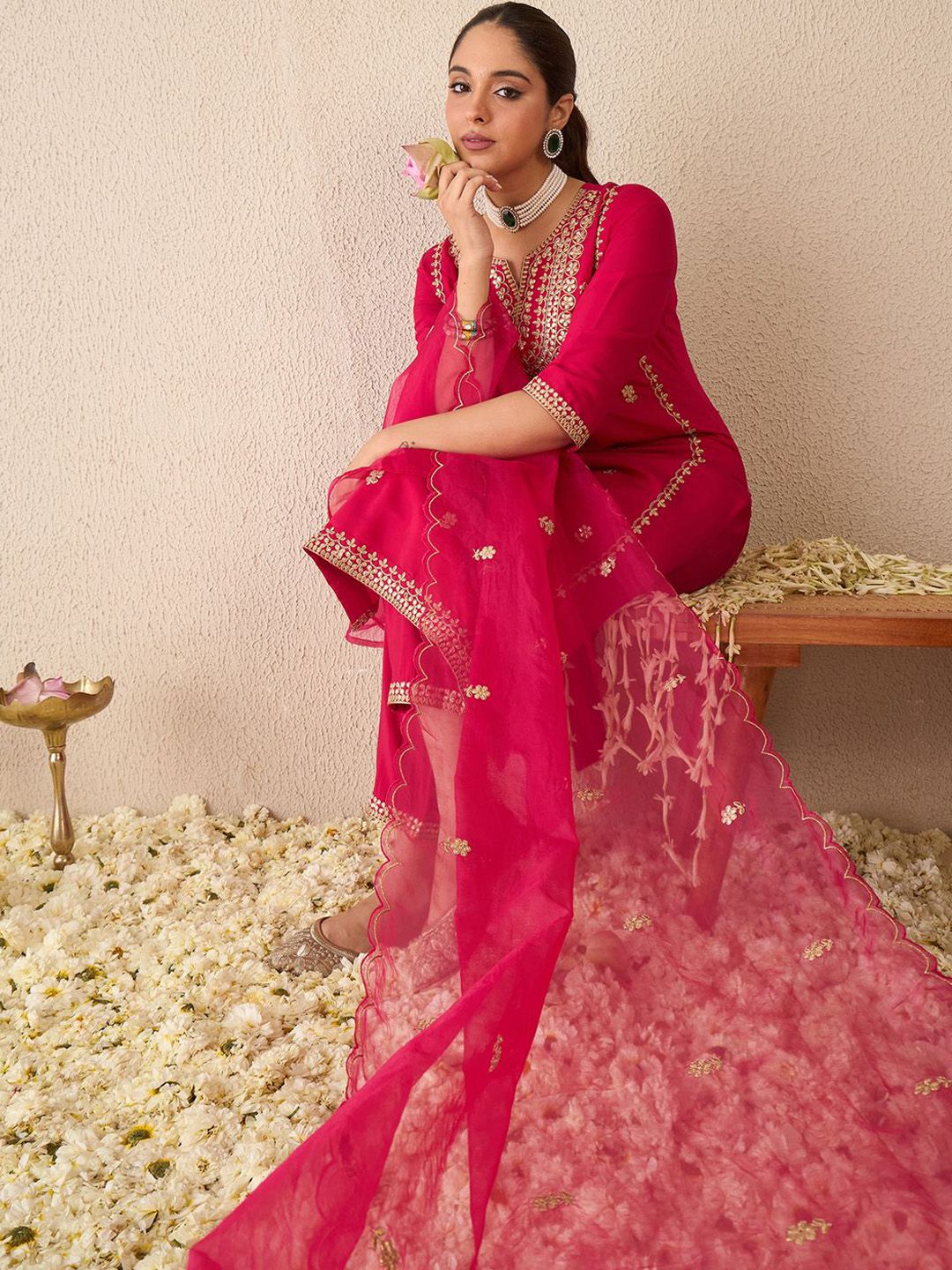 Embroidered Gotta Patti Work Notch Neck Kurta With Trousers & Dupatta