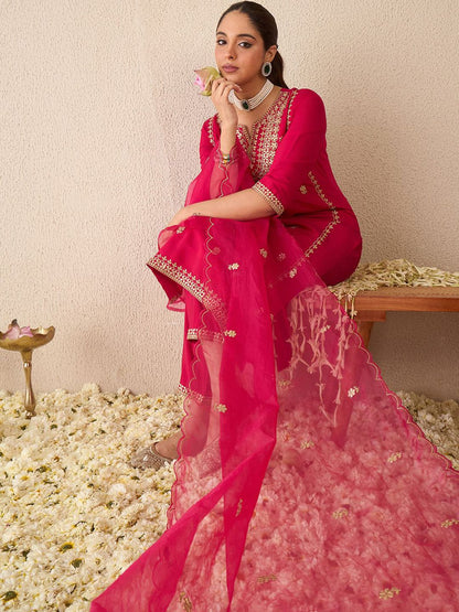 Embroidered Gotta Patti Work Notch Neck Kurta With Trousers & Dupatta