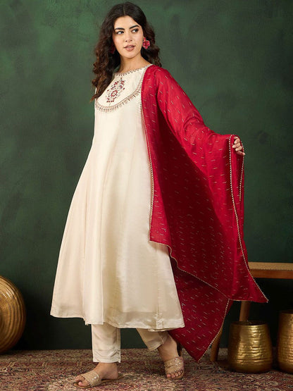 Dhiyona SN Women's Round Neck Embroidered A-Line Kurta Sets
