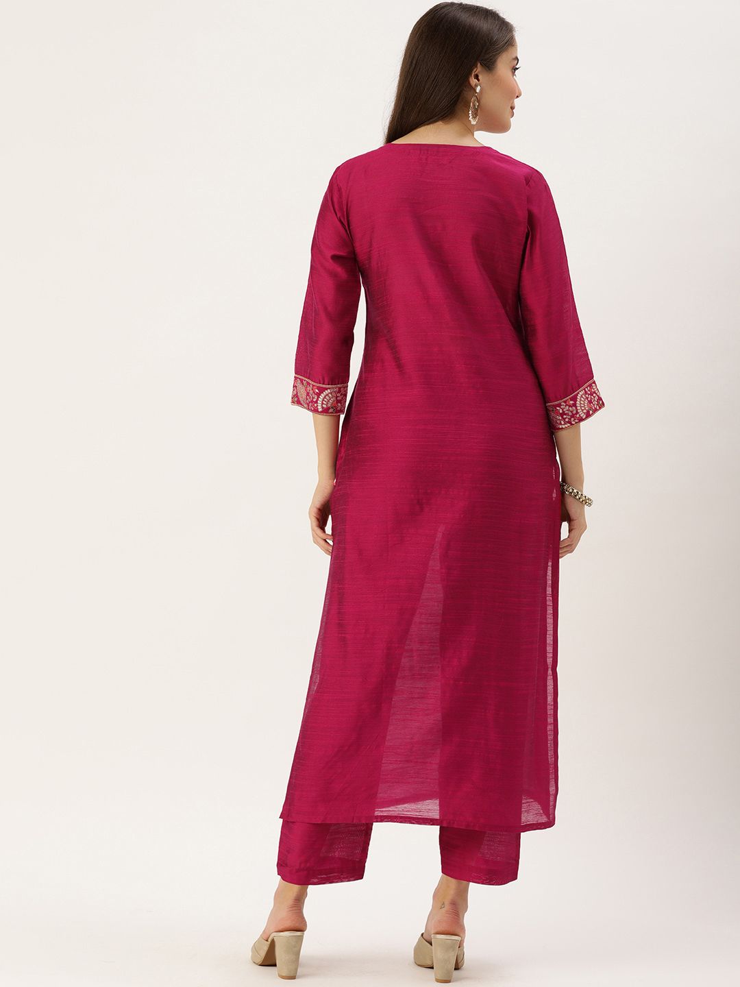 Dhiyona VA Women's Magenta Pink Yoke Woven Design Kurta with Trousers