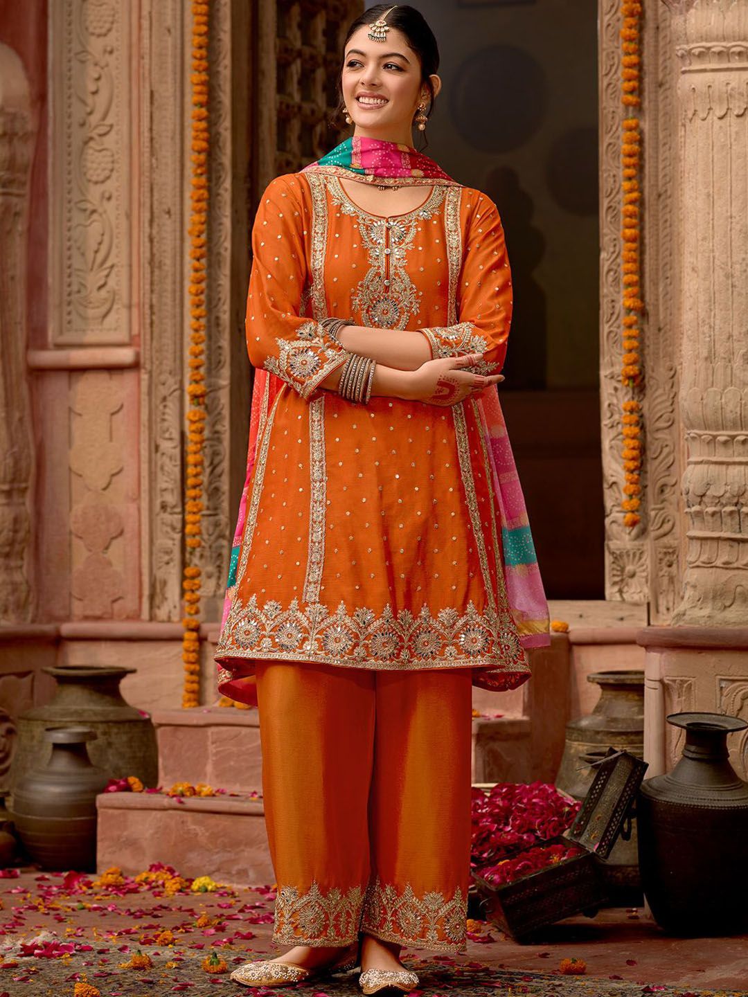 Dhiyona IE Floral Embroidered Panelled Mirror Work A-Line Kurta With Palazzos & Dupatta