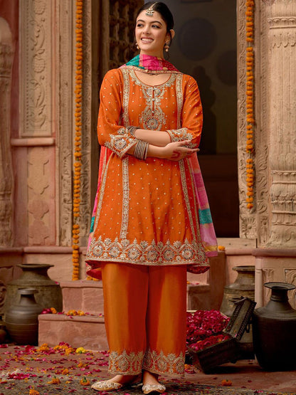 Dhiyona IE Floral Embroidered Panelled Mirror Work A-Line Kurta With Palazzos & Dupatta