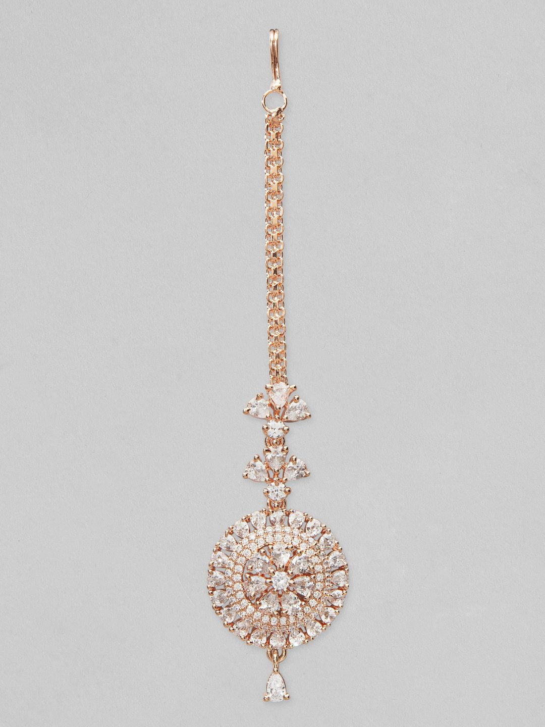 Dhiyona RJ Women's Rose Gold-Plated White AD-Studded Round Shaped Maangtikka