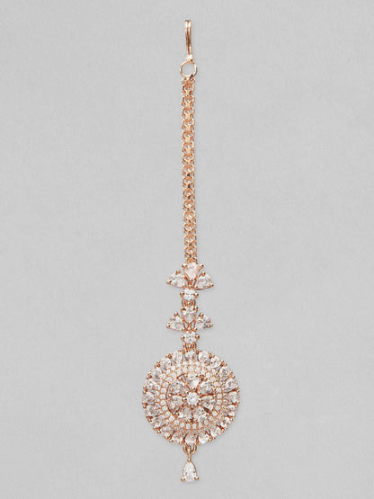Dhiyona RJ Women's Rose Gold-Plated White AD-Studded Round Shaped Maangtikka