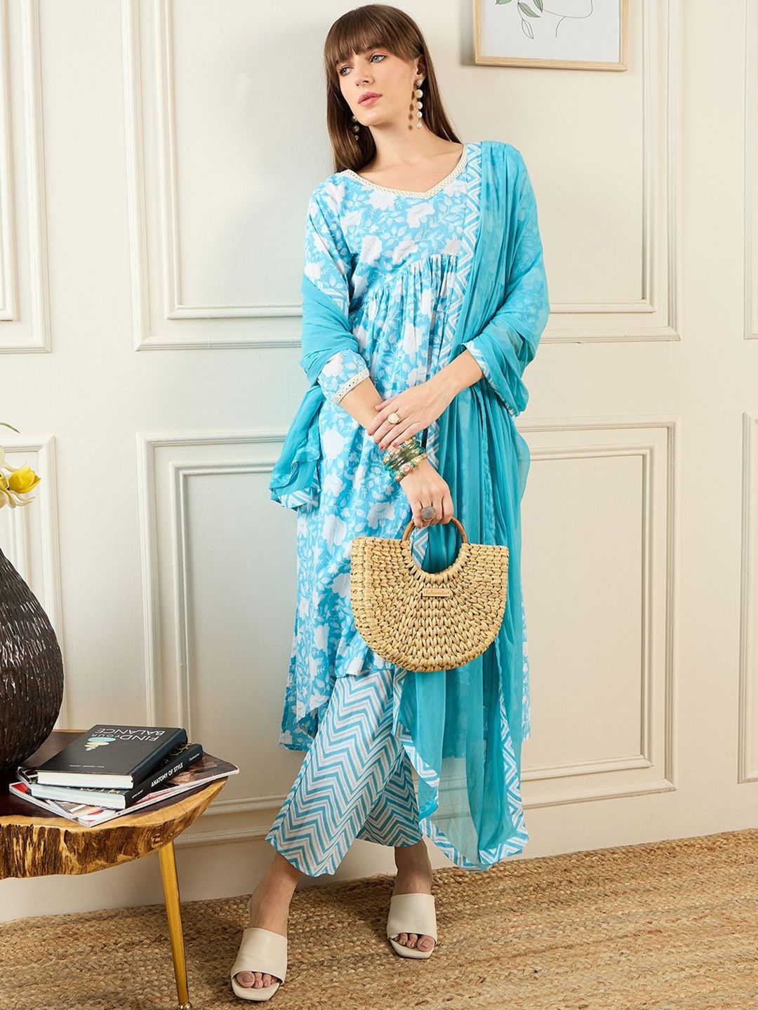 Women Floral Printed Empire Mirror Work Pure Cotton Kurta with Trousers & With Dupatta