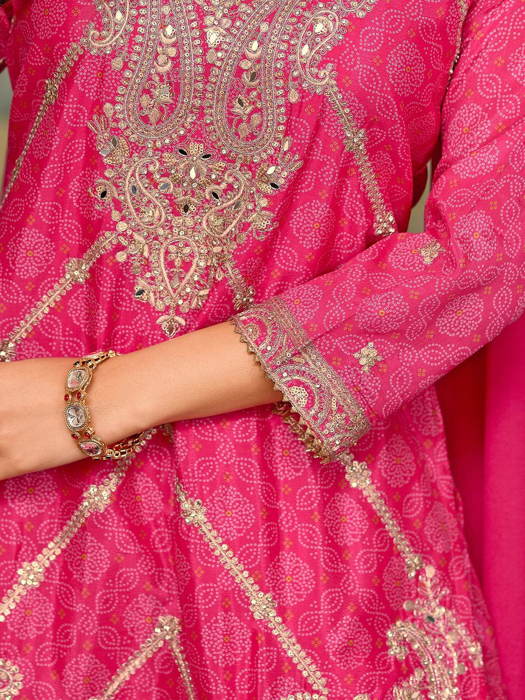 Paisley Embroidered Sequinned Chinon Straight Kurta With Palazzos & Dupatta