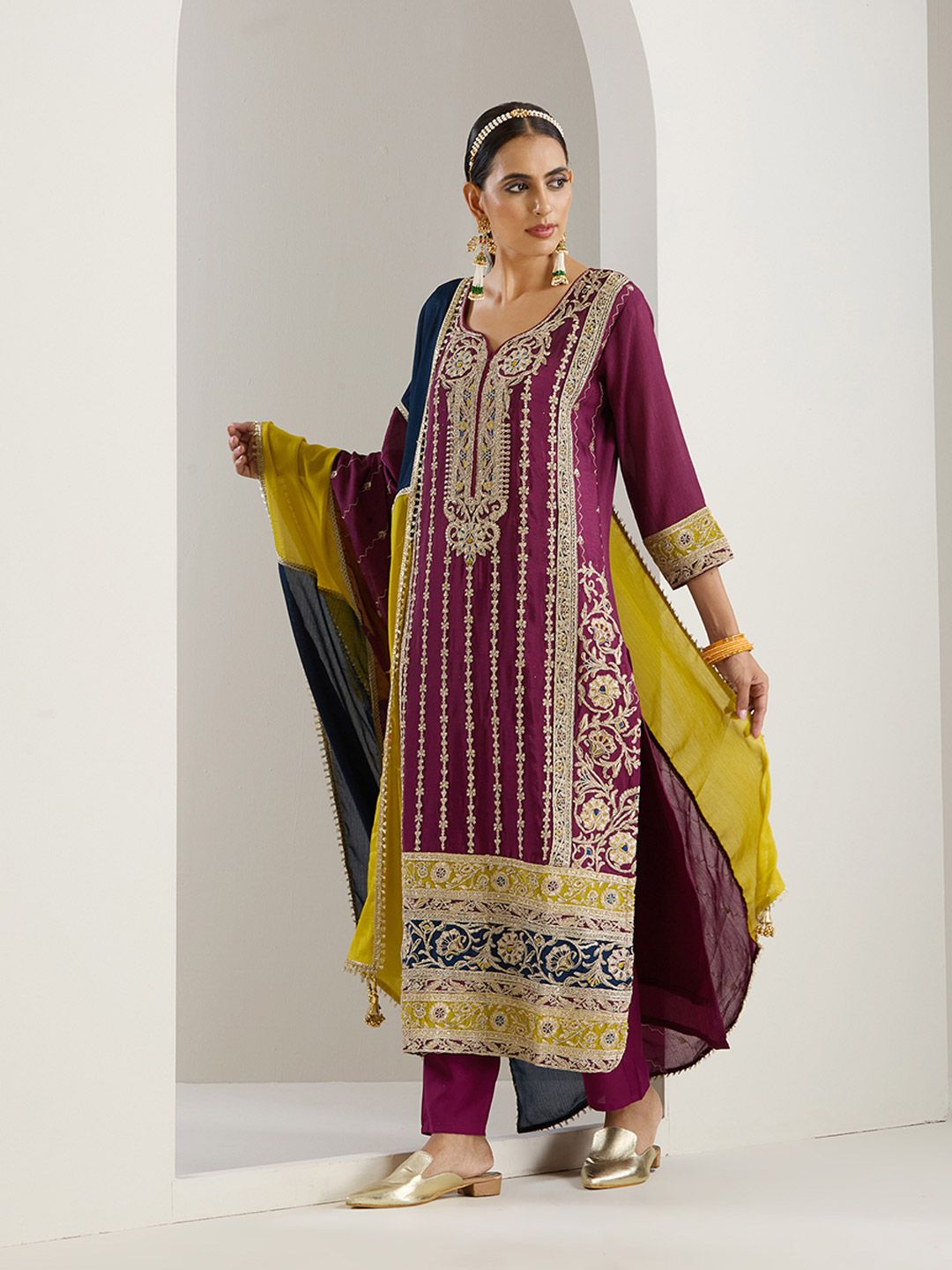 Dhiyona IS Women's Purple Ethnic Motifs Embroidered Chinon Straight Kurta With Trousers & Dupatta