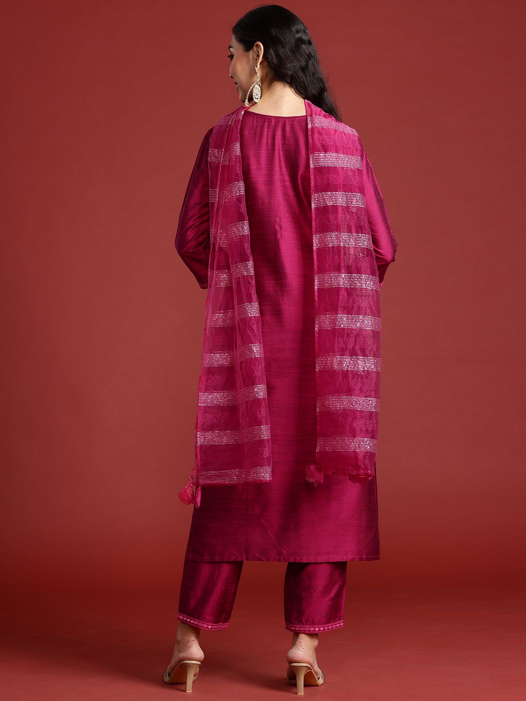 Yoke Design Mirror Work Kurta With Trousers & Dupatta