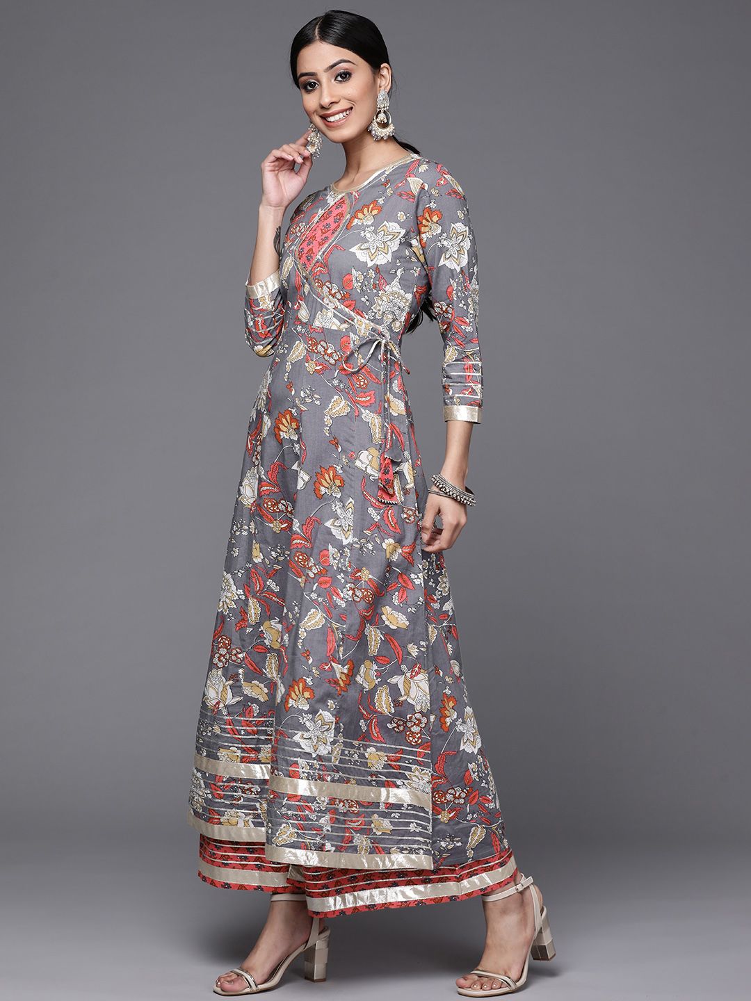 Dhiyona VA Women's Grey & Pink Floral Print Angrakha Gotta Patti Pure Cotton Kurta with Sharara