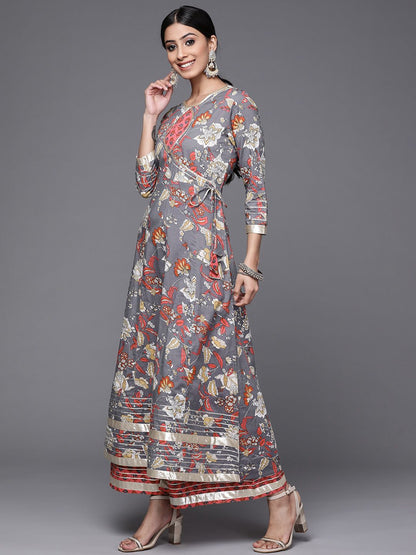 Dhiyona VA Women's Grey & Pink Floral Print Angrakha Gotta Patti Pure Cotton Kurta with Sharara