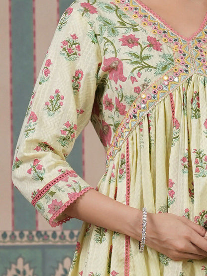 Dhiyona IS Women's Ethnic Motifs Embroidered Empire Mirror Work Anarkali Kurta With Trousers & Dupatta