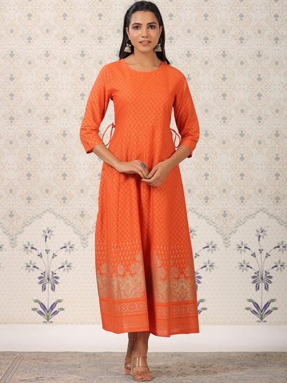Dhiyona OD  Orange Coloured Ethnic Motifs Woven Design Anarkali Kurta