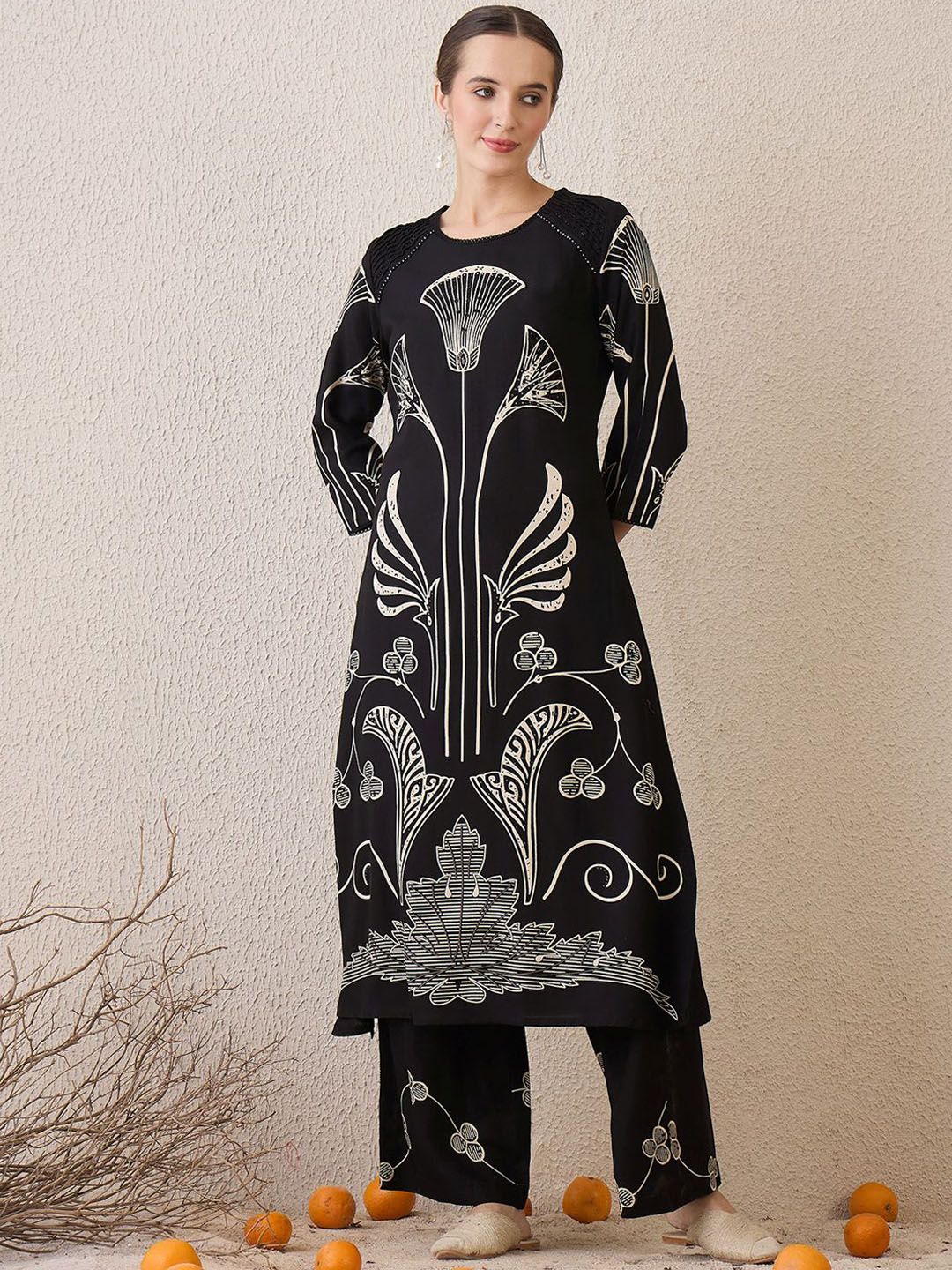 Dhiyona IE Ethnic Motifs Printed Round Neck Sequinned Straight Kurta With Palazzos