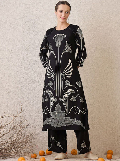 Dhiyona IE Ethnic Motifs Printed Round Neck Sequinned Straight Kurta With Palazzos