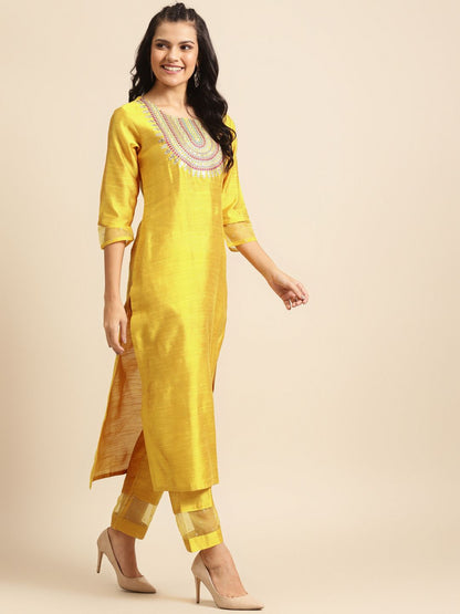 Dhiyona VA Women's Mustard Yellow & Pink Embroidered Kurta with Trousers & Dupatta