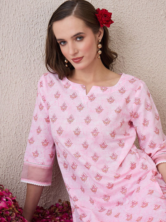 Dhiyona IE Floral Printed Round Neck Pure Cotton Straight Kurta With Trouser