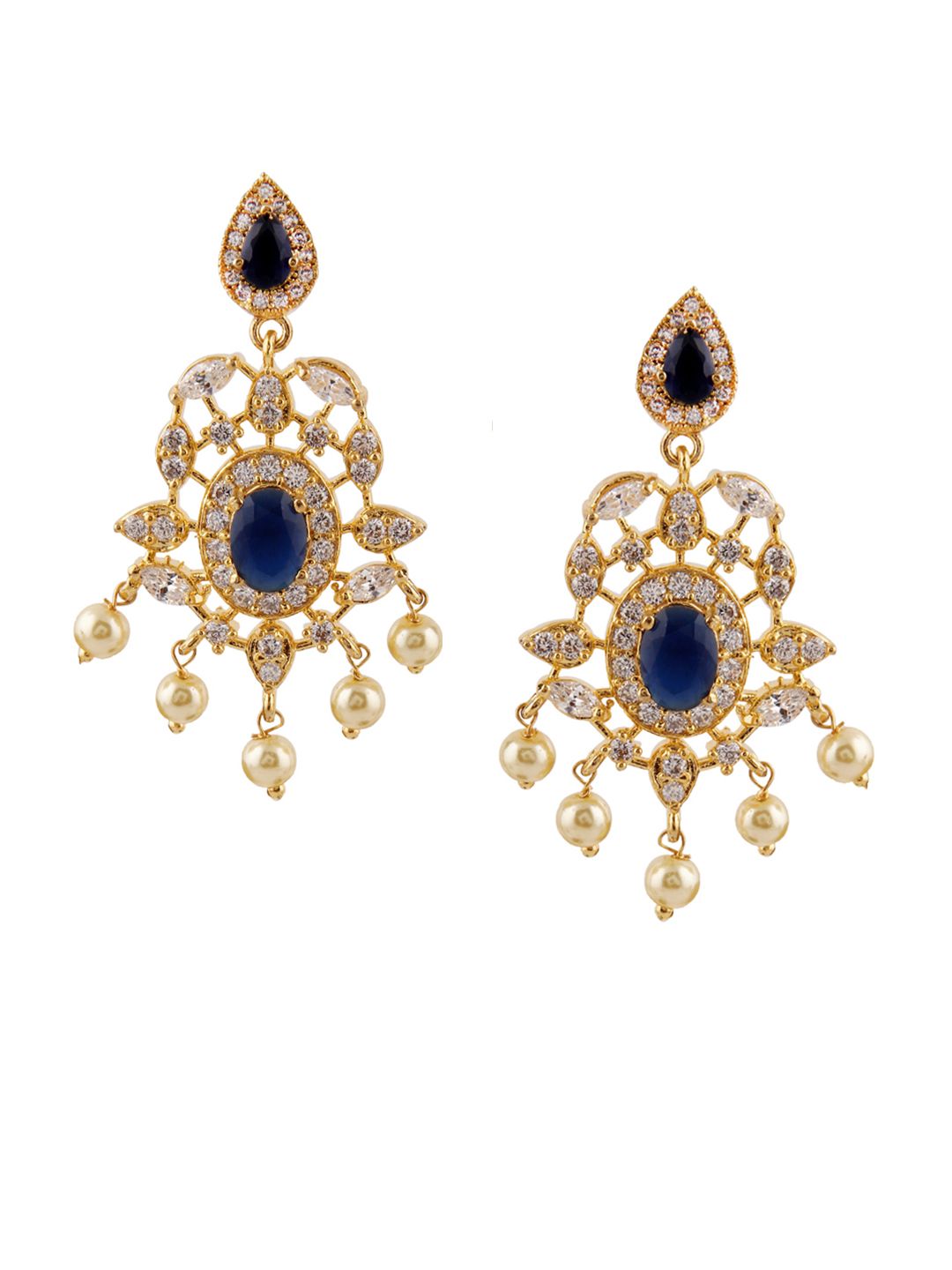 Dhiyona RJ Women's 18K Gold Plated Blue Sapphire and CZ Studded Gold Beaded Handcrafted Drop Earrings