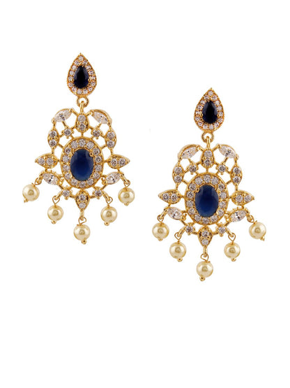 Dhiyona RJ Women's 18K Gold Plated Blue Sapphire and CZ Studded Gold Beaded Handcrafted Drop Earrings