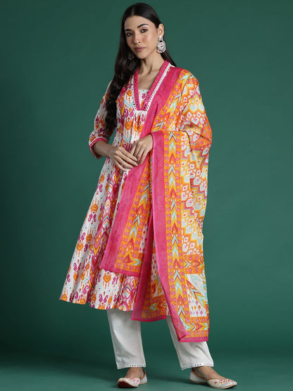 Ethnic Motifs Printed Mirror Work Pure Cotton Kurta with Trousers & With Dupatta