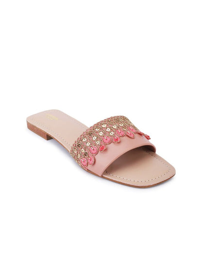 Dhiyona AK Peach-Coloured Ethnic Embroidered Open Toe Flats