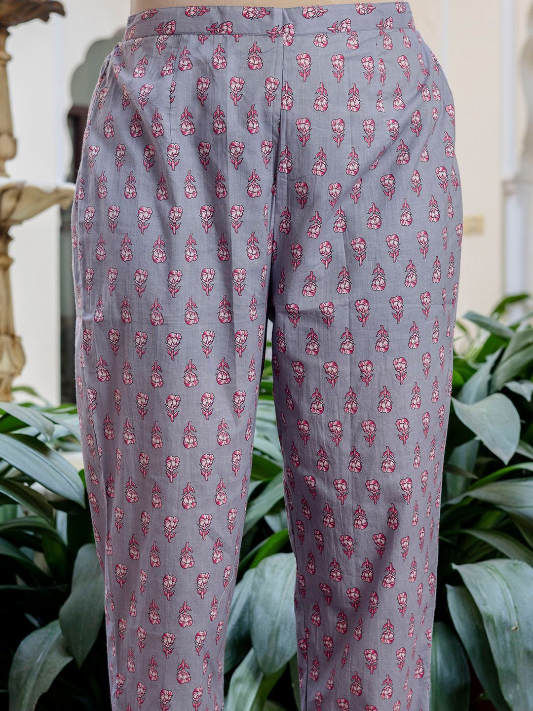 Dhiyona IE Floral Printed Panelled V-Neck Pure Cotton Kurta With Trousers & Dupatta