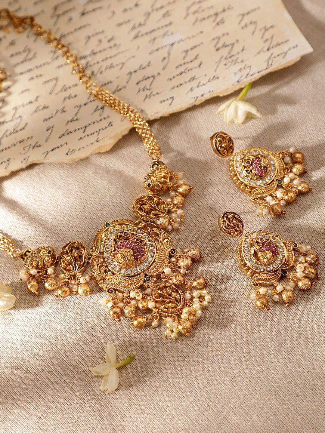 Dhiyona RJ Women's 24K Gold-Plated Peacock Motif Ruby & CZ Studded Pearl Beaded Temple Jewellery Set